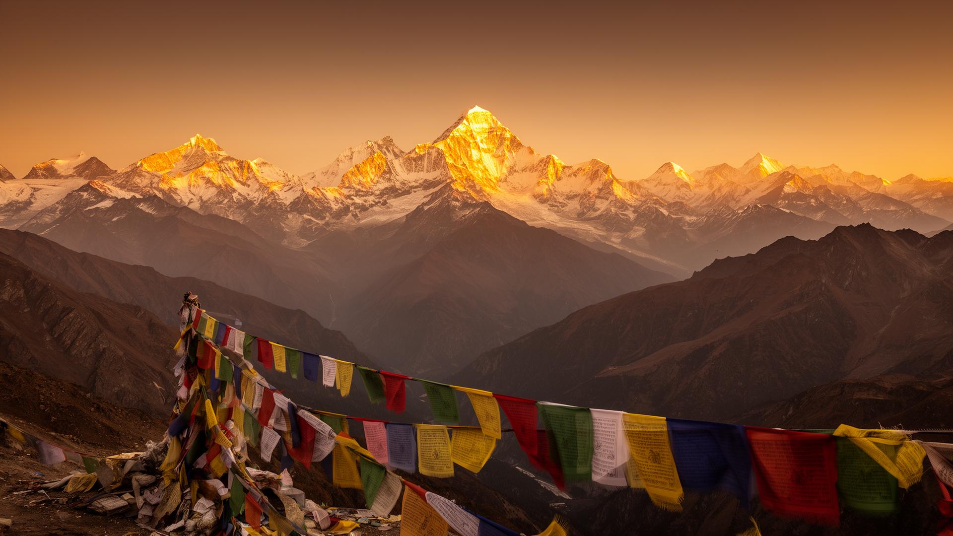 Himalayan peaks at sunrise with prayer flags